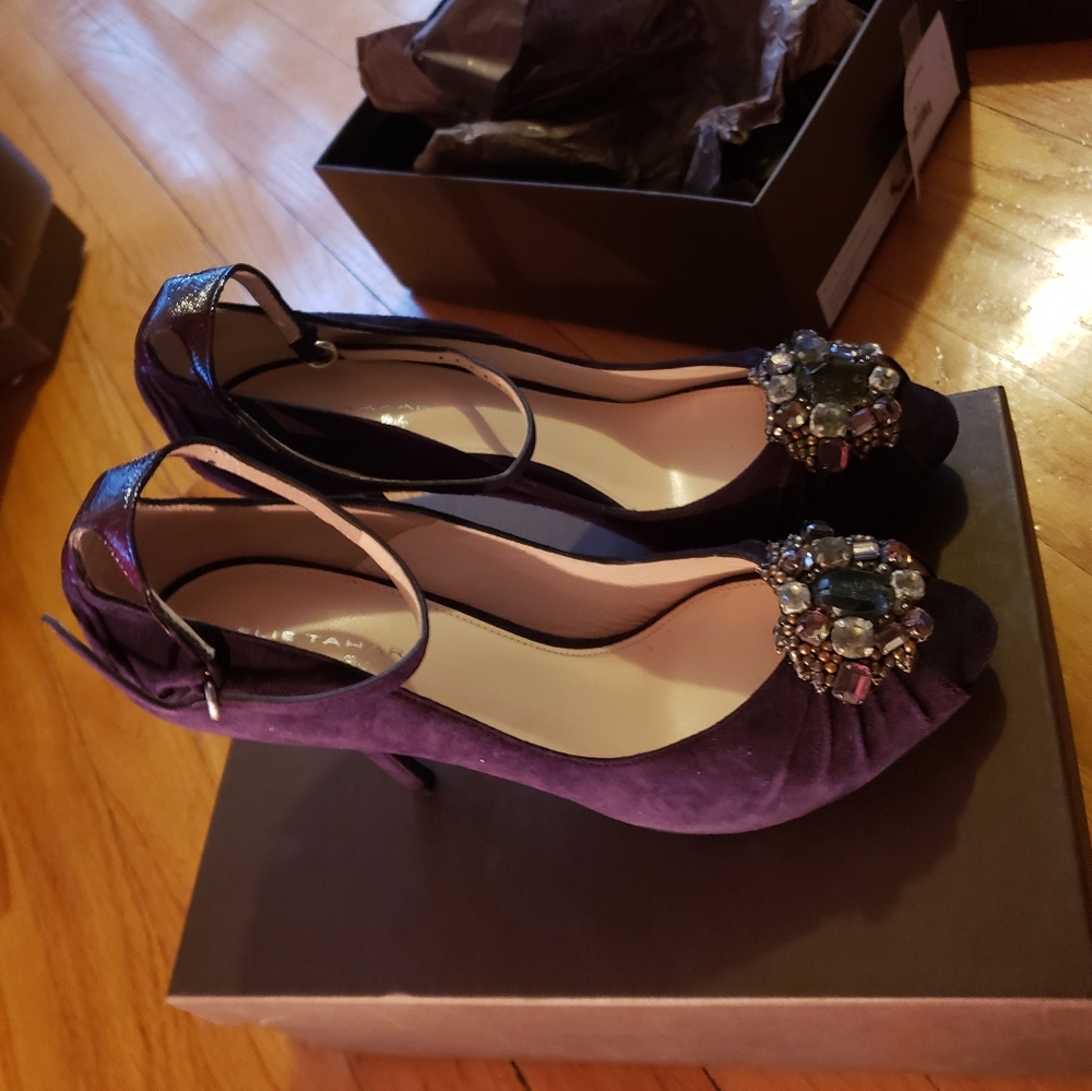 NIB! Vintage! 7.5 Elie Tahari heels gem crystal Catalina Peep NEW 06 eggplant